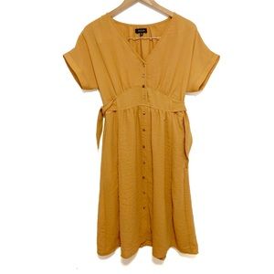 Roolee mustard tie waist button front short sleeve dress v neck size medium